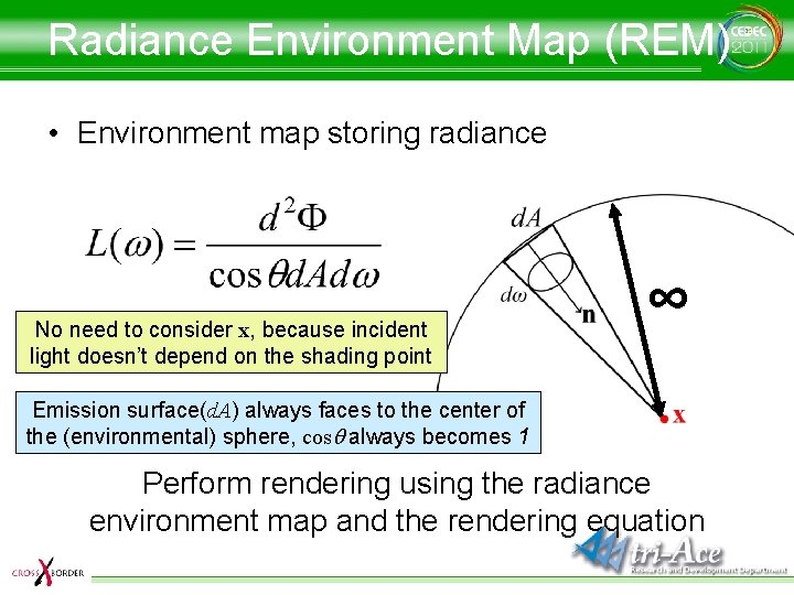 Radiance Environment Map (REM) • Environment map storing radiance No need to consider x,