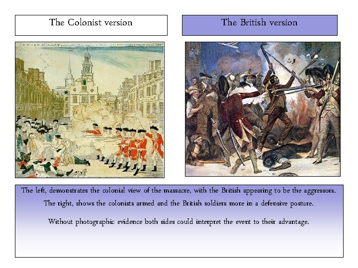 The Colonist version The British version The left, demonstrates the colonial view of the