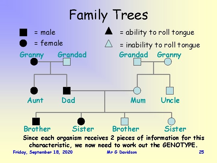 Family Trees = male = ability to roll tongue = female = inability to