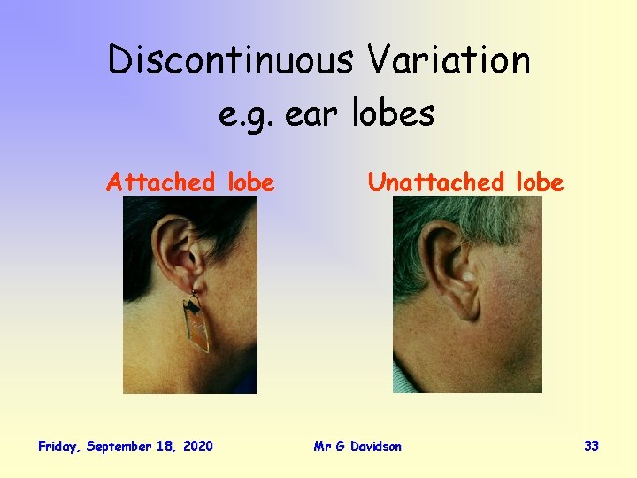 Discontinuous Variation e. g. ear lobes Attached lobe Friday, September 18, 2020 Unattached lobe