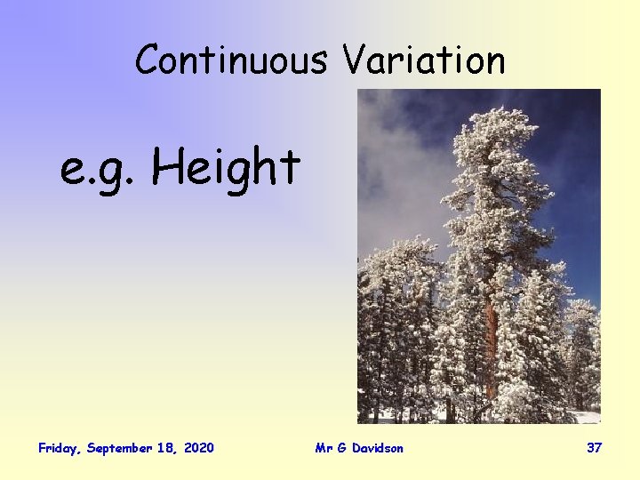 Continuous Variation e. g. Height Friday, September 18, 2020 Mr G Davidson 37 