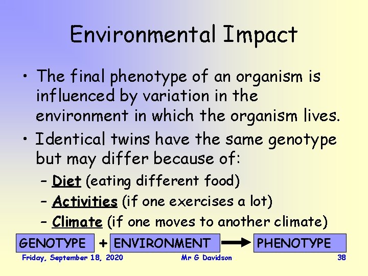 Environmental Impact • The final phenotype of an organism is influenced by variation in
