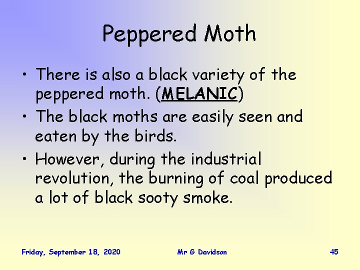 Peppered Moth • There is also a black variety of the peppered moth. (MELANIC)