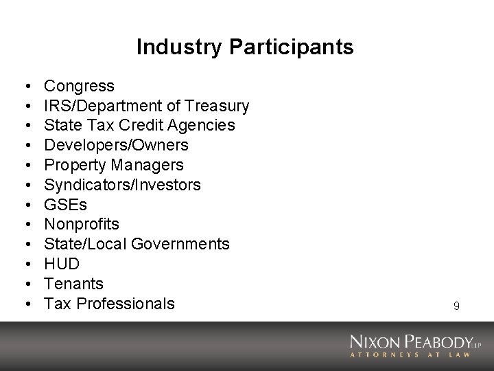 Industry Participants • • • Congress IRS/Department of Treasury State Tax Credit Agencies Developers/Owners