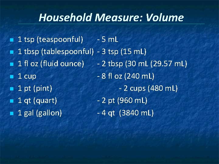 Household Measure: Volume n n n n 1 tsp (teaspoonful) 1 tbsp (tablespoonful) 1