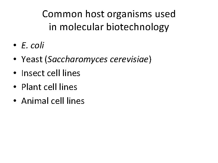 Common host organisms used in molecular biotechnology • • • E. coli Yeast (Saccharomyces