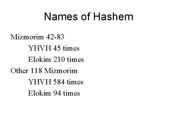 Names of Hashem Mizmorim 42 -83 YHVH 45 times Elokim 210 times Other 118