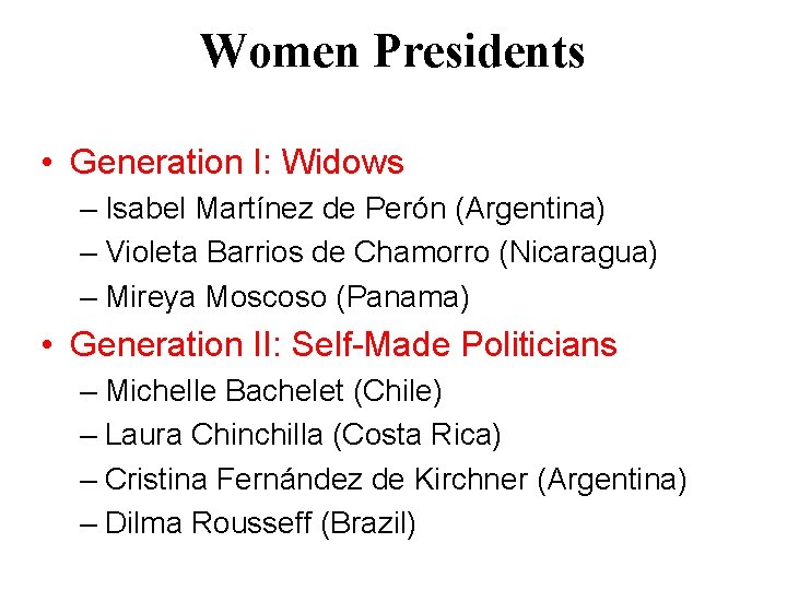 Women Presidents • Generation I: Widows – Isabel Martínez de Perón (Argentina) – Violeta