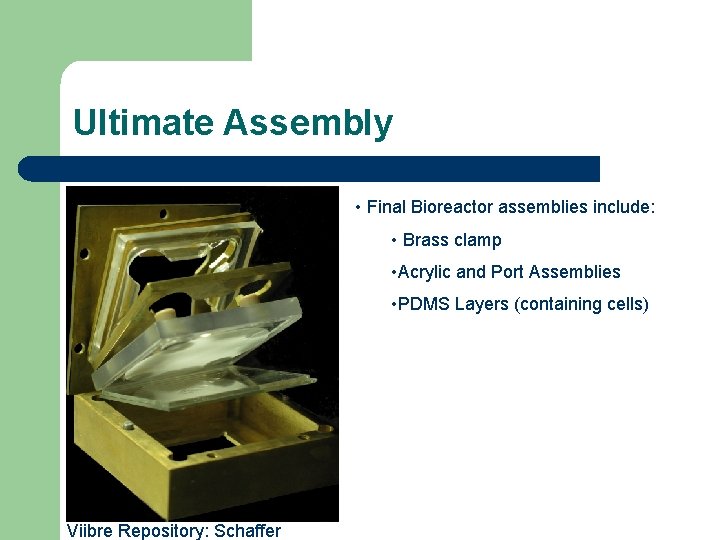 Ultimate Assembly • Final Bioreactor assemblies include: • Brass clamp • Acrylic and Port