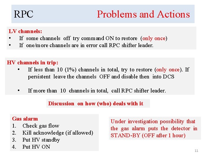 RPC Problems and Actions LV channels: • If some channels off try command ON