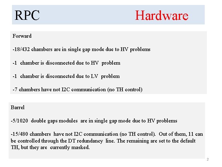 RPC Hardware Forward -18/432 chambers are in single gap mode due to HV problems