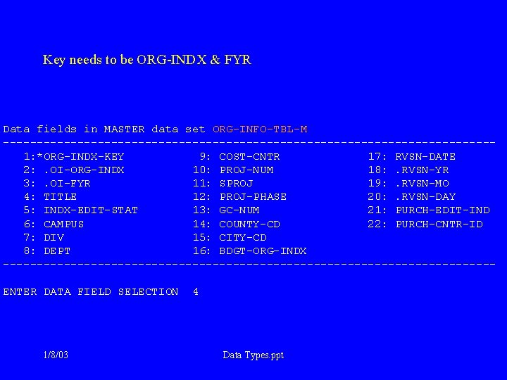 Key needs to be ORG-INDX & FYR Data fields in MASTER data set ORG-INFO-TBL-M