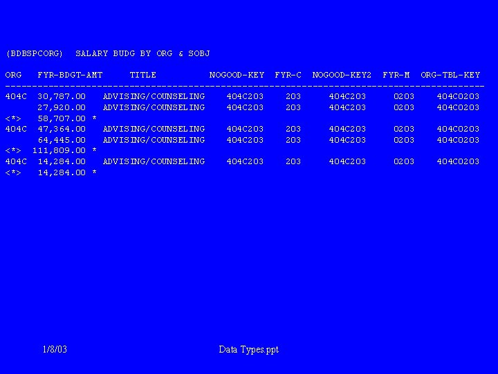 (BDBSPCORG) SALARY BUDG BY ORG & SOBJ ORG FYR-BDGT-AMT TITLE NOGOOD-KEY FYR-C NOGOOD-KEY 2