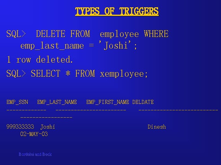 TYPES OF TRIGGERS SQL> DELETE FROM emp_last_name = 1 row deleted. SQL> SELECT *