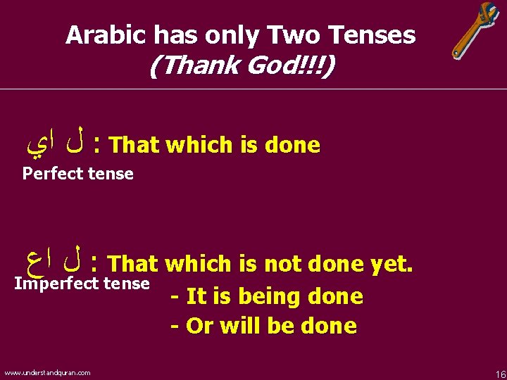 Arabic has only Two Tenses (Thank God!!!) ﻝ ﺍﻱ : That which is done