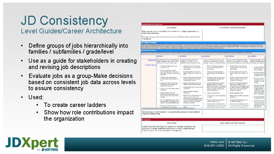 JD Consistency Level Guides/Career Architecture • Define groups of jobs hierarchically into families /