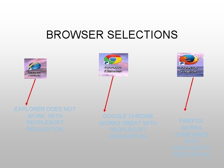BROWSER SELECTIONS EXPLORER DOES NOT WORK WITH PEOPLESOFT REQUISITION GOGGLE CHROME WORKS GREAT WITH