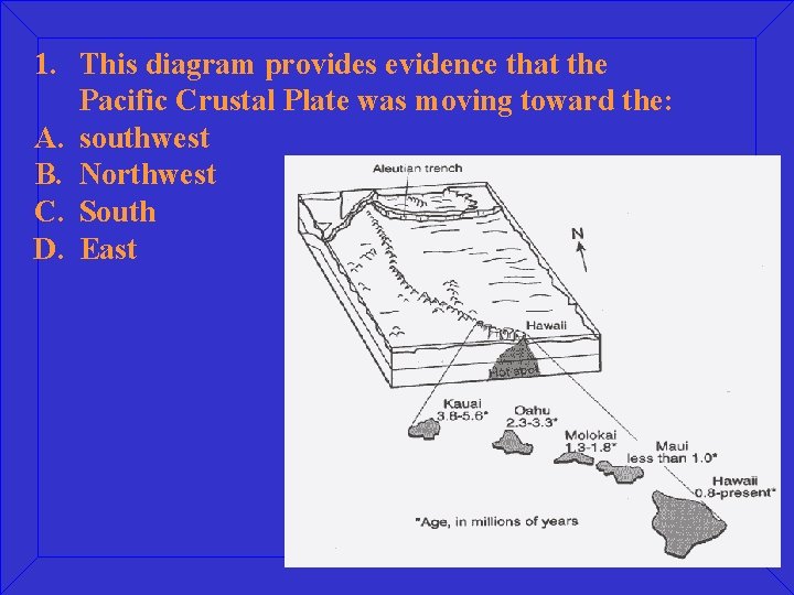 1. This diagram provides evidence that the Pacific Crustal Plate was moving toward the: