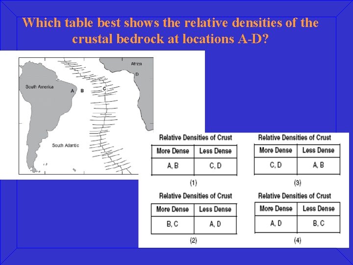 Which table best shows the relative densities of the crustal bedrock at locations A-D?