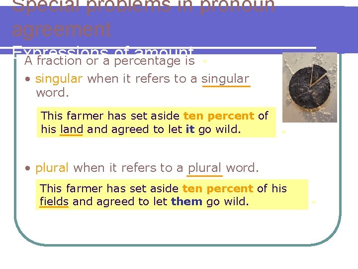 Special problems in pronoun agreement Expressions amountis A fraction or a of percentage •