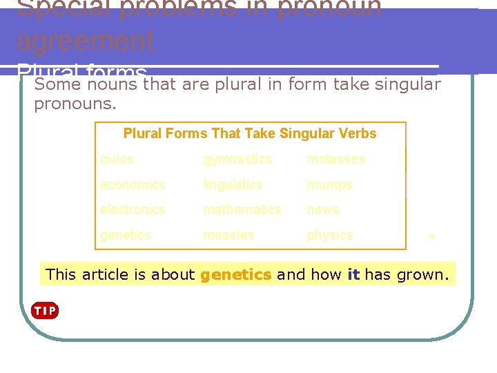 Special problems in pronoun agreement Plural Some forms nouns that are plural in form