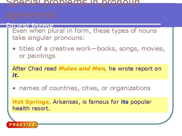 Special problems in pronoun agreement Plural forms Even when plural in form, these types