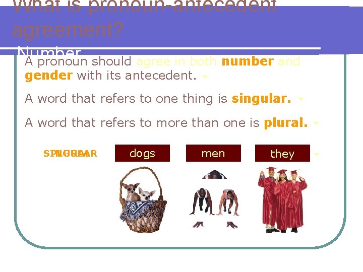 What is pronoun-antecedent agreement? Number A pronoun should agree in both number and gender