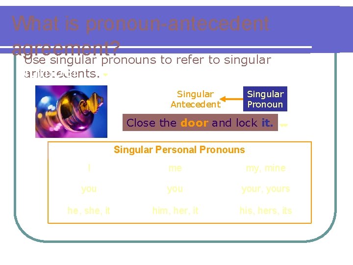 What is pronoun-antecedent agreement? Use singular pronouns to refer to singular Number antecedents. Singular