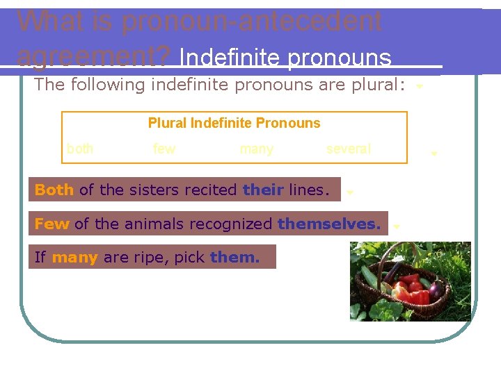 What is pronoun-antecedent agreement? Indefinite pronouns The following indefinite pronouns are plural: Plural Indefinite