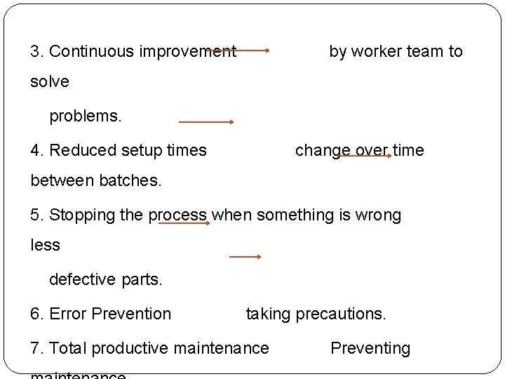 3. Continuous improvement by worker team to solve problems. 4. Reduced setup times change