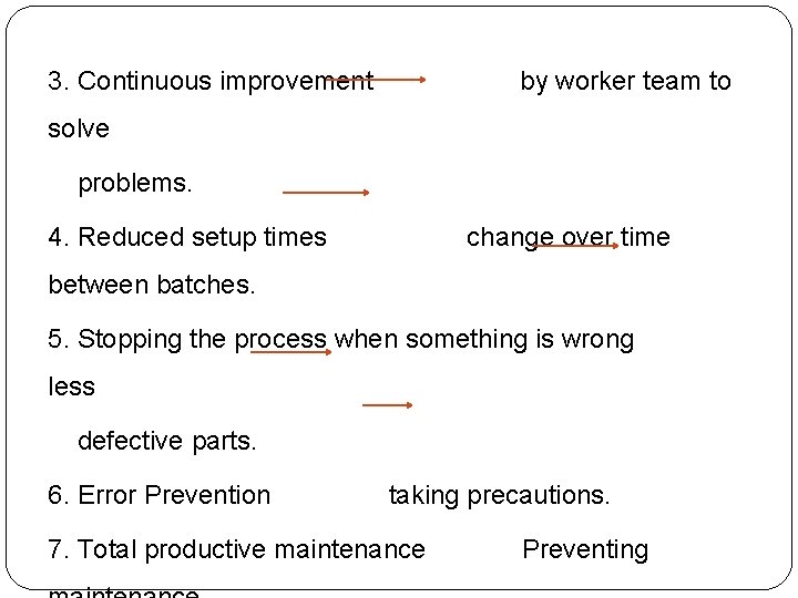 3. Continuous improvement by worker team to solve problems. 4. Reduced setup times change 3. Continuous improvement by worker team to solve problems. 4. Reduced setup times change