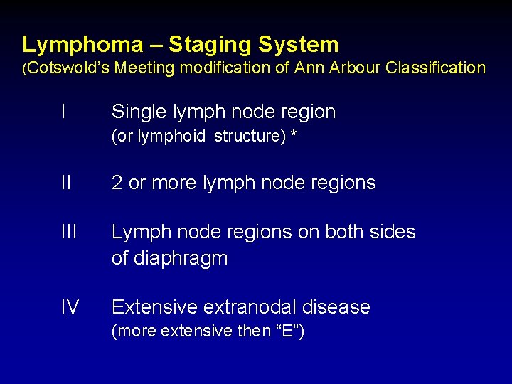 Lymphoma – Staging System (Cotswold’s I Meeting modification of Ann Arbour Classification Single lymph