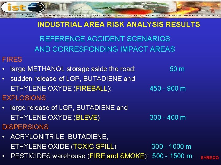 INDUSTRIAL AREA RISK ANALYSIS RESULTS REFERENCE ACCIDENT SCENARIOS AND CORRESPONDING IMPACT AREAS FIRES •