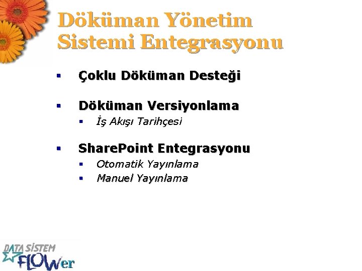 Döküman Yönetim Sistemi Entegrasyonu § Çoklu Döküman Desteği § Döküman Versiyonlama § § İş