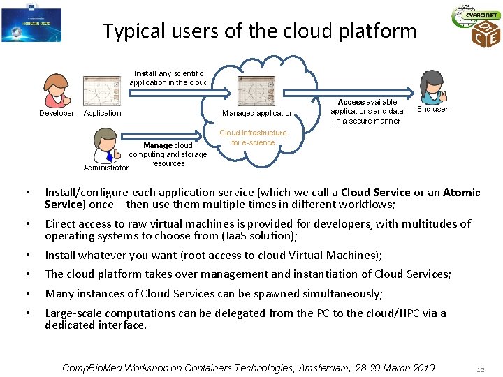 Typical users of the cloud platform Install any scientific application in the cloud Developer