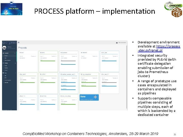 PROCESS platform – implementation • • Development environment available at https: //process -dev. cyfronet.
