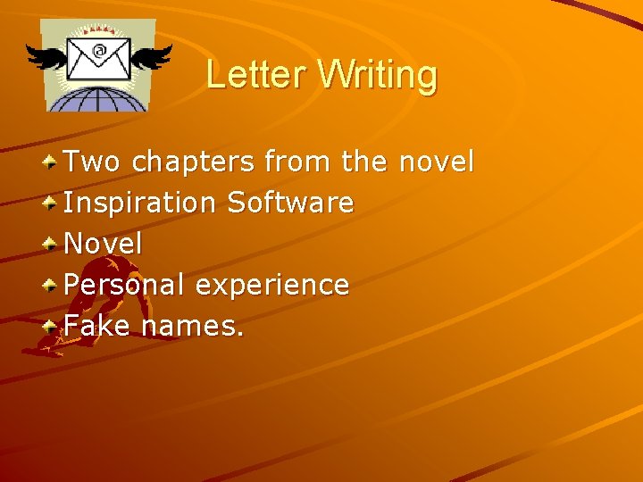 Letter Writing Two chapters from the novel Inspiration Software Novel Personal experience Fake names.
