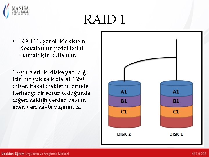 RAID 1 • RAID 1, genellikle sistem dosyalarının yedeklerini tutmak için kullanılır. * Aynı