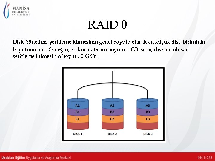 RAID 0 Disk Yönetimi, şeritleme kümesinin genel boyutu olarak en küçük disk biriminin boyutunu