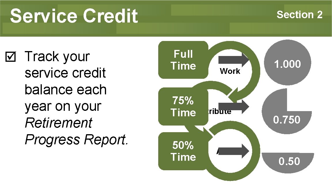 Service Credit Track your service credit balance each year on your Retirement Progress Report.