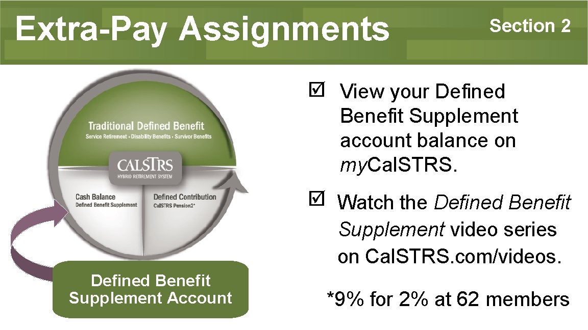 Extra-Pay Assignments 8% Member Contribution 8% Employer Contribution Section 2 View your Defined Benefit