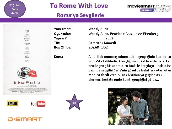  To Rome With Love 02 Şubat Pazar 21: 00 Roma’ya Sevgilerle Yönetmen: Oyuncular: