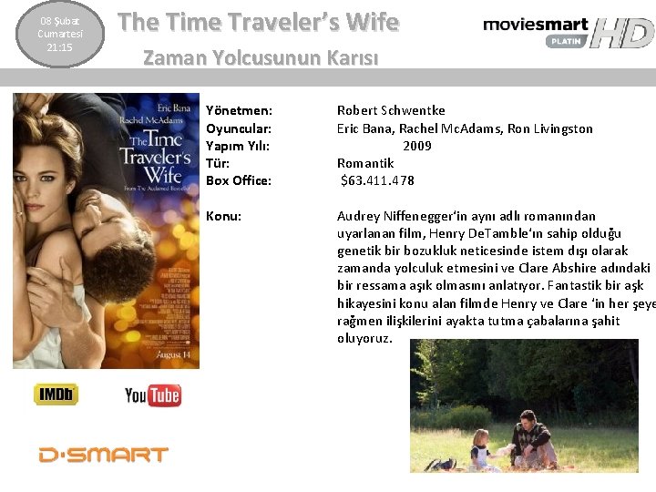  The Time Traveler’s Wife 08 Şubat Cumartesi 21: 15 Zaman Yolcusunun Karısı Yönetmen: