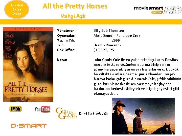  All the Pretty Horses 14 Şubat Cuma 20: 30 Vahşi Aşk Yönetmen: Oyuncular: