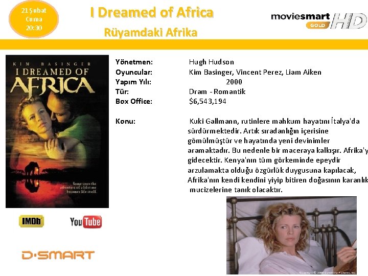  I Dreamed of Africa 21 Şubat Cuma 20: 30 Rüyamdaki Afrika Yönetmen: Oyuncular: