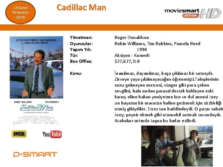 13 Şubat Perşembe 20: 45 Cadillac Man Yönetmen: Oyuncular: Yapım Yılı: Tür: Box Office: