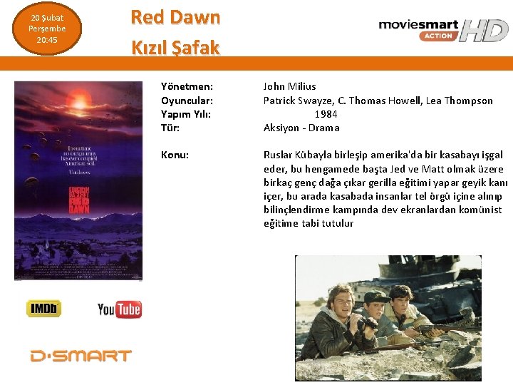 20 Şubat Perşembe 20: 45 Red Dawn Kızıl Şafak Yönetmen: Oyuncular: Yapım Yılı: Tür: