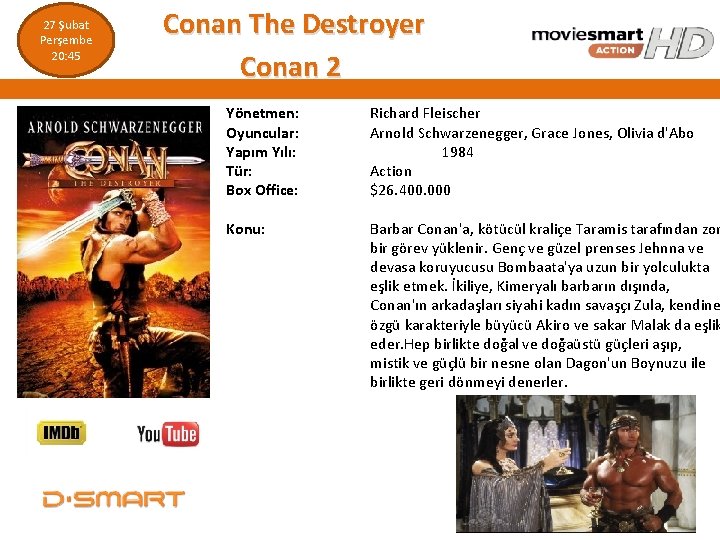  Conan The Destroyer Conan 2 27 Şubat Perşembe 20: 45 Yönetmen: Oyuncular: Yapım