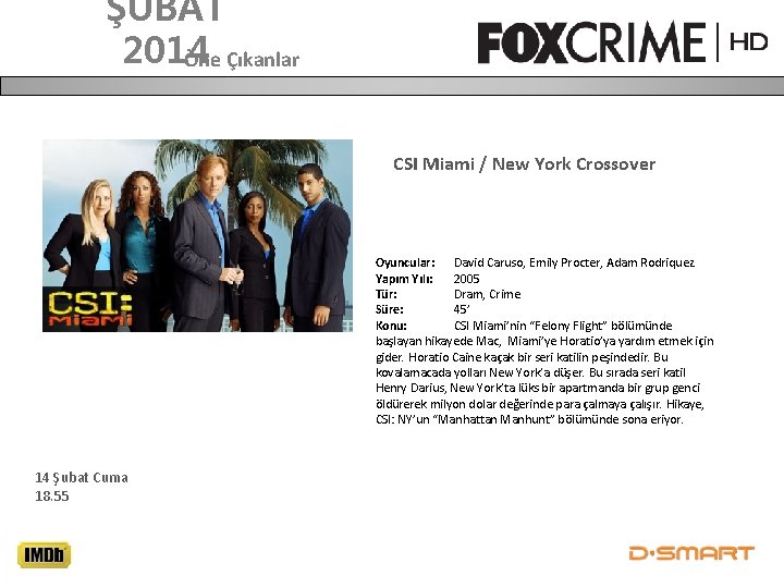 ŞUBAT 2014 Öne Çıkanlar CSI Miami / New York Crossover Oyuncular: David Caruso, Emily