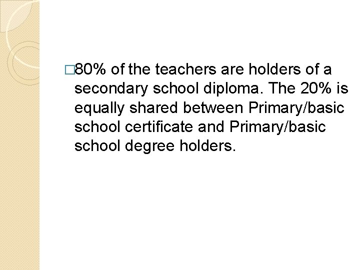 � 80% of the teachers are holders of a secondary school diploma. The 20%